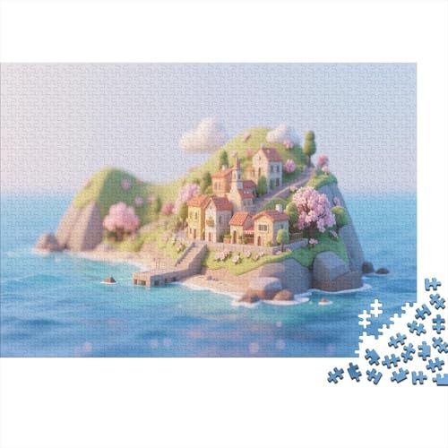 3D-Miniaturinseldorf. Niedliche Küstensiedlung mit Kirschblüten Puzzles 1000 Piece Like for Adults Educational Games Zuhause Decoration Poster Landscape 1000pcs (75x50cm) von junsuoxiao
