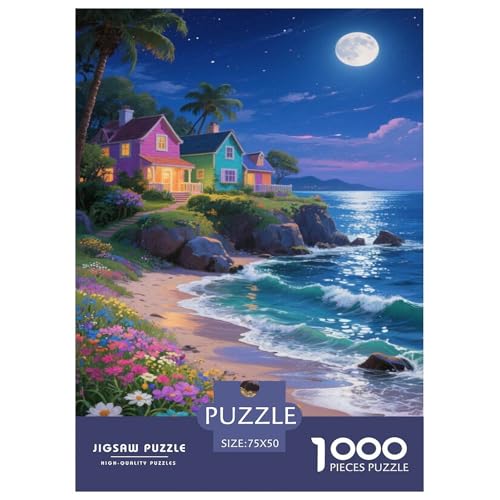 Bunte Küstenhäuser unter Mondlicht Puzzles 1000-Stück Like Für Erwachsene Bildungsspiele Dekoration Zu Hause Illustration Landschaft 1000pcs (75x50cm) von junsuoxiao