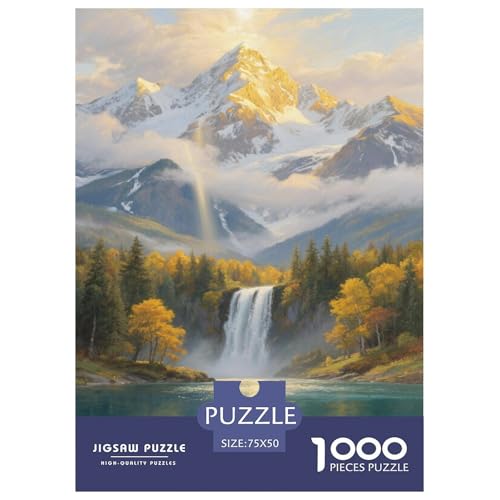 Goldenen beleuchteter Alpiner Wasserfall 1000-Stück-Strickmuster Schwierig Für Erwachsene Bildungsspiele Dekoration Zu Hause Illustration Landschaft 1000pcs (75x50cm) von junsuoxiao