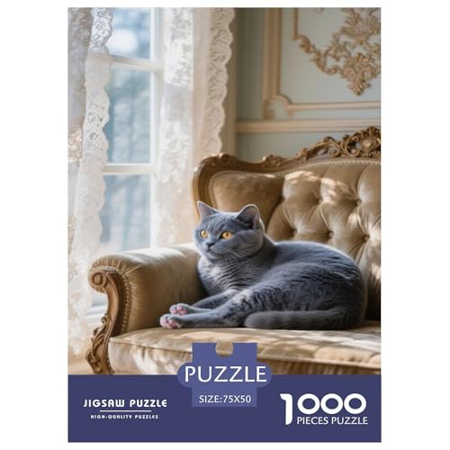 Graue Katze auf einem prunkvollen Stuhl Indoors. Charlotte-Katze. 1000-Teil-Puzzle Für Erwachsene. Puzzles 1000 Teilen. Erzieherische Spiele. Home-Dekoration. 1000pcs Puzzle 1000pcs (75x50cm) von junsuoxiao