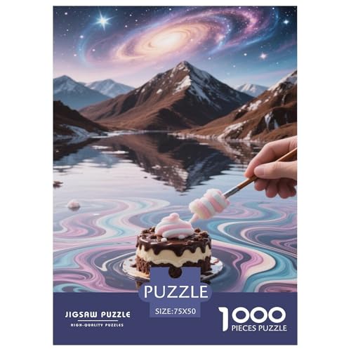 Hand, die einen Kuchen mit Marshmallow dekoriert, am Bergsee unter Galaxis Puzzles Für 1000-Stück Like Puzzle Für Erwachsene Dekoration Zu Hause Poster Landscape 1000pcs (75x50cm) von junsuoxiao
