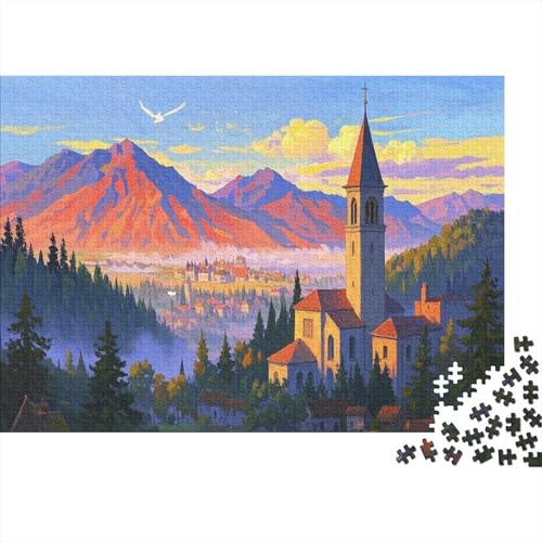 Kirchturmsilhouette gegen Sonnenuntergangsberge Puzzles 1000 Piece Like for Adults Educational Games Zuhause Decoration Illustration Landscape 1000pcs (75x50cm) von junsuoxiao