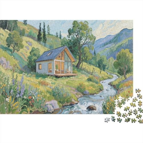 Künstlerische Bergcottage-Szene. Ölgemalte Bachufer-Residenz Puzzles 1000 Piece Like for Adults Educational Games Zuhause Decoration Illustration Landscape 1000pcs (75x50cm) von junsuoxiao