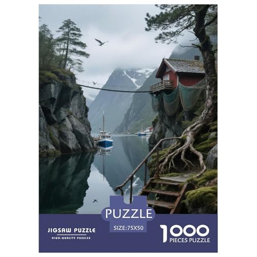 Nebeliges Fjord-Cottage-Ruhe Puzzles 1000-Stück Like Bildungsspielgeschenke Dekorationspuzzles Illustration Landschaft 1000pcs (75x50cm) von junsuoxiao