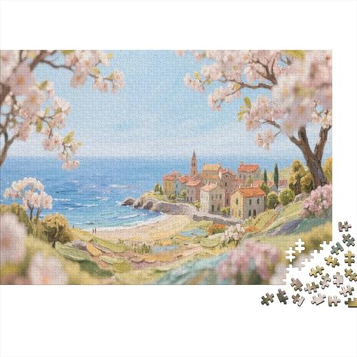 Ölgemalte Küstengelassenheit. Kirschblüten & charmantes Küstendorf 1000 Pieces Jigsaw Like Puzzle for Adults Decoration Puzzles Illustration Landscape 1000pcs (75x50cm) von junsuoxiao