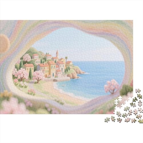 Pastell-Regenbogenrahmen-Küstenszene. Künstlerische Dorfansicht durch bunten Bogen Puzzles 1000 Piece Like for Adults Educational Games Zuhause Decoration Poster Landscape 1000pcs (75x50cm) von junsuoxiao