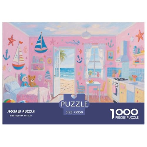 Pinkes küste-thematisches Schlafzimmer mit nautischer Dekoration und Strandblick. Zimmer. Puzzles 1000-Stück Schwierig Bildungsspielgeschenke Dekoration Zu Hause Poster Landscape 1000pcs (75x50cm) von junsuoxiao