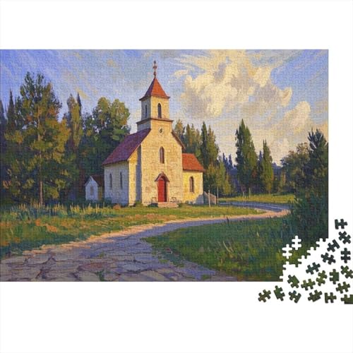 Sonnenbeschienene Kirche mit Kopfsteinpflaster in üppigem Wald 1000 Pieces Jigsaw Like Puzzle for Adults Decoration Puzzles Illustration Landscape 1000pcs (75x50cm) von junsuoxiao