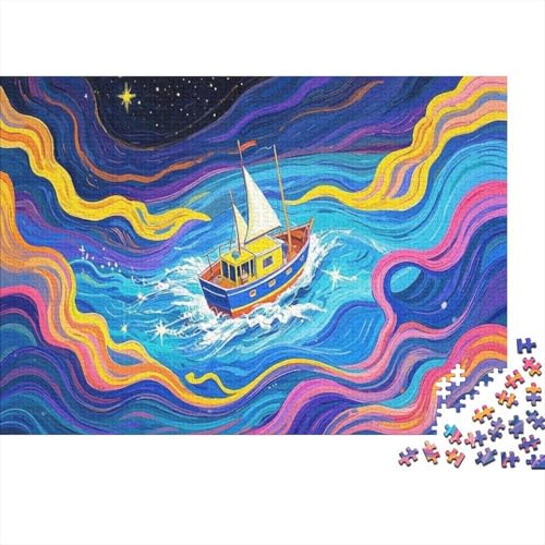 Verspielte Nachtfahrt. Boot inmitten lebhafter, wirbelnder Meereswellen 1000 Pieces Jigsaw Difficult Educational Games Gifts Zuhause Decoration Poster Landscape 1000pcs (75x50cm) von junsuoxiao