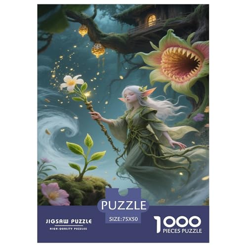 Waldfee mit Blumenstab in der Nähe eines Baumhauses. Fantastisch magisch. Puzzles 1000-Stück Like Bildungsspielgeschenke Dekorationspuzzles Poster Landscape 1000pcs (75x50cm) von junsuoxiao
