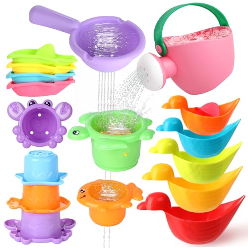 Badewannenspielzeug Set, 15 Stück Badespielzeug Baby, Wasserspielzeug Kinder mit Aufbewahrungstasche, Stapelbecher Schwimmbad Pool Spielzeug Geschenk für Jungen und Mädchen von jwogngls