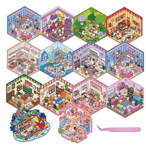 kaensc 20 Set DIY 3D Haus Aufkleber-Set,lustige DIY 3D Aufkleber-Szenen für Erwachsene Behandlungen Geeignet, Stress zu Vertreiben,Ihre Ihr Eigenes Cartoon-Mini-Home Bücherladen Lebensmittelgeschäft von kaensc