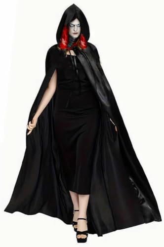 2er Set Vampirumhang Halloween Damen mit Kapuze – Schwarzer Satin Hexenumhang von kaiser24