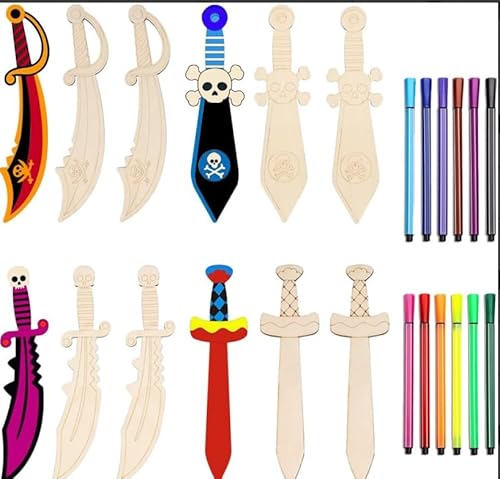KAIYAYA 12er Set Holz Piratenschwert mit 12 bunten Stiften, Piratenschwerter zum Malen, kreatives Piratenschwert zum Selbstmalen und Dekorieren für Kinder von kaiyaya