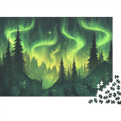 Abstrakte Baumschatten, Hirschgeweih-Silhouette,Grüne Aurora,1000pcs (75x50cm),DIY-Puzzle Für Erwachsene von kaiyun