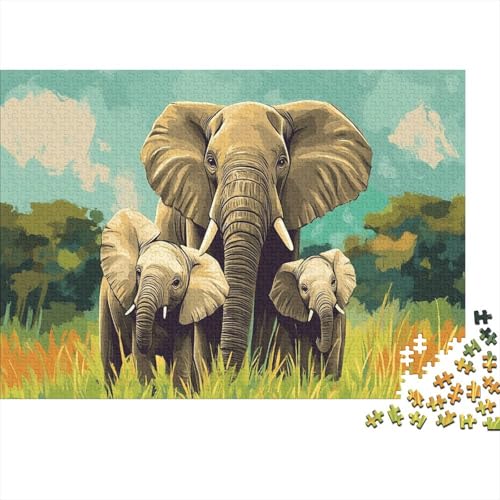 African Elefant Family Porträt 1000pcs (75x50cm) Puzzles, Die Für Erwachsene Und Personen Ab 14 Jahren Geeignet Sind Grünes Gras von kaiyun