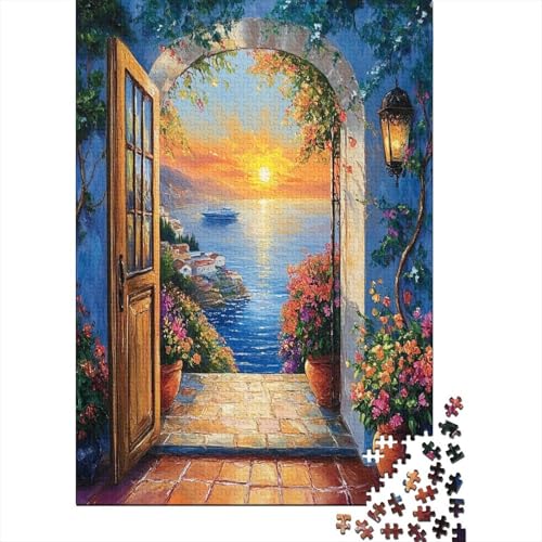 Ausene Tür, Meerblick Potted Blumes and Sonnenuntergang Puzzle 1000 Teile Für Erwachsene, Lernspiele, Heimdekoration70x50cm/1000pcs von kaiyun