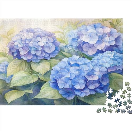 Blaue Hortensie 1000pcs (75x50cm) Schwer Puzzle Lernspiel Impossible Aquarellmalerei mit grünen Blättern Herausforderung Spielzeug Für Erwachsene Kinder von kaiyun