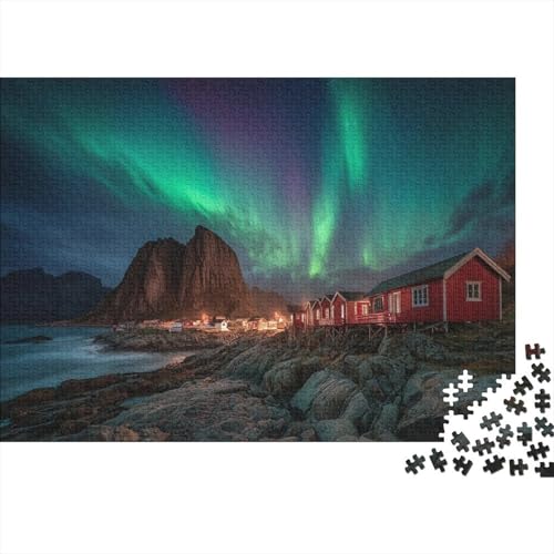 Coastal Village in Lofoten, Norwegen,Nordlichter Gemusterte Nachhaltige Für Erwachsene Hochwertige Holzspielpuzzles 1000pcs (75x50cm) von kaiyun