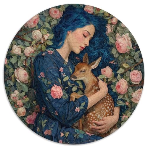 Das Blaue 1000pcs (67.5x67.5cm) Erwachsenenpuzzle - Haired Frau Holds A Little Deer in Her Arms DIY-Puzzlespielzeug von kaiyun