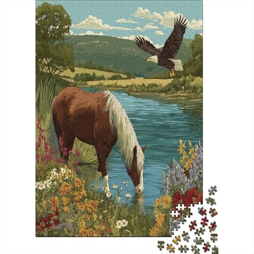 EIN Horse trinkt Wasser aus dem Fluss, EIN Adler kreist danebenPuzzle 1000 Teile Für Erwachsene, Lernspiele38x26cm/1000pcs von kaiyun