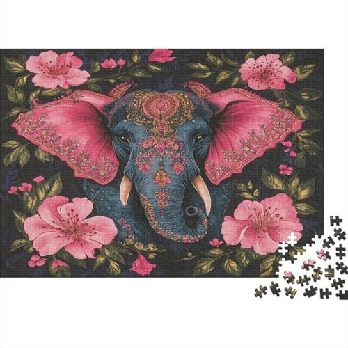 Elefant, Green Leaves and Pink Blumen Rätsel Für Erwachsene |Indianischer Stil| 1000pcs (75x50cm) Puzzles Lernspiele Home Decor von kaiyun