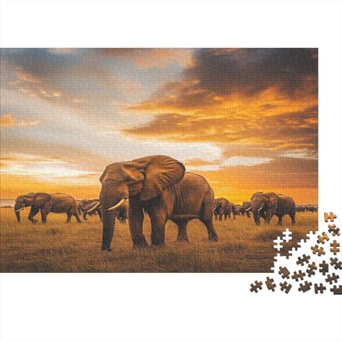Elefanten gehen bei Sonnenuntergang durch die Savanne 1000pcs (75x50cm) Puzzles, Die Für Erwachsene Und Personen Ab 14 Jahren Geeignet Sind Wildtiere von kaiyun