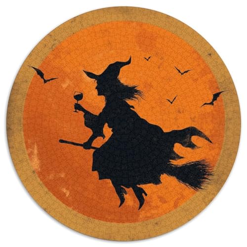 Fliegende Hexe auf Besen und riesiger orangefarbener Vollmond,Rätsel Für Erwachsene 1000pcs (67.5x67.5cm),Herausforderungsspiele von kaiyun