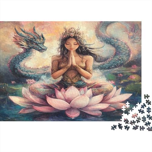 Frau sitzt auf Lotusblume 1000pcs (75x50cm) Erwachsenenpuzzle - Drache Dancing DIY-Puzzlespielzeug von kaiyun