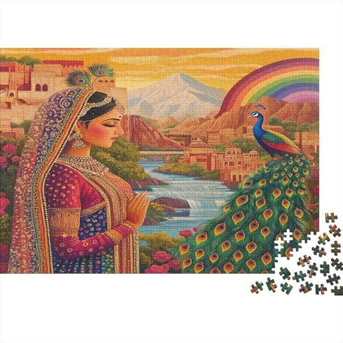 Frau und Pfau,Rätsel Für Erwachsene 1000pcs (75x50cm),Herausforderungsspiele Flüsse, Berge, Regenbogen von kaiyun