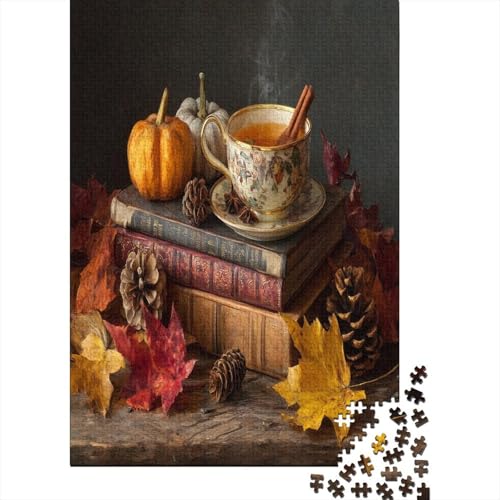 Gewürzte Tee, Bücher, Kürbisblätter, Kiefernkegel Puzzle 1000 Teile, Lernspiel, Unmöglich, Anspruchsvolles Spielzeug Für Erwachsene Und Kinder Ab 14 Jahren 38x26cm/1000pcs von kaiyun
