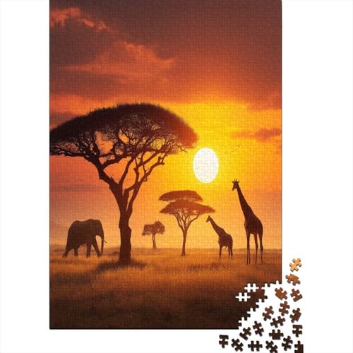 Golden-orange Sonnenuntergang,Rätsel Für Erwachsene 70x50cm/1000pcs,Herausforderungsspiele Elefants Giraffes and Acacia Baums von kaiyun