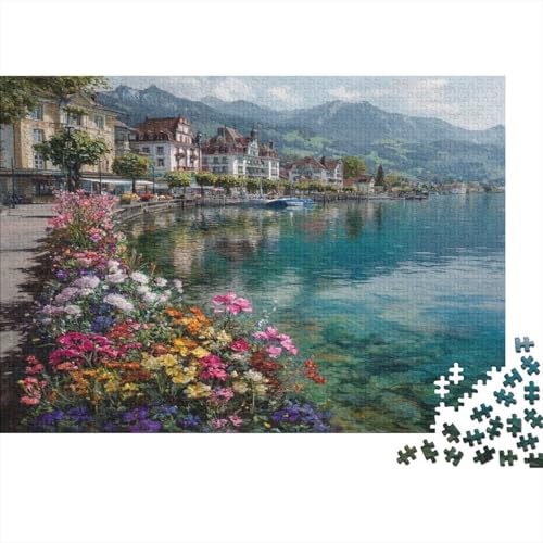 Häuser am Seeufer, klares Seewasser, das die Berge spiegelt 1000pcs (75x50cm) Schwer Puzzle Lernspiel Impossible Herausforderung Spielzeug Für Erwachsene Kinder von kaiyun