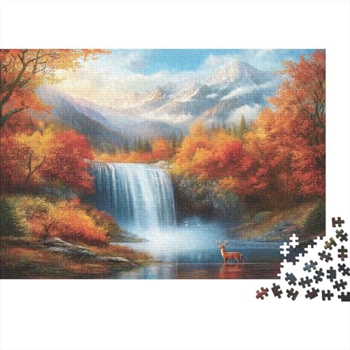 Herbst Landschaft,Berge Wasserfalls Hirsch Gemusterte Nachhaltige Für Erwachsene Hochwertige Holzspielpuzzles 1000pcs (75x50cm) von kaiyun