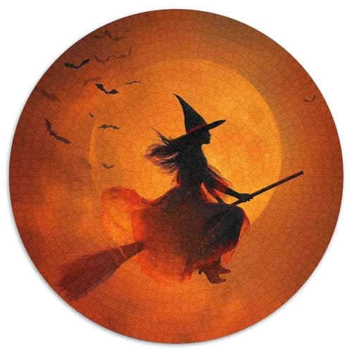 Hexe reitet auf Besen und riesiger orangefarbener Vollmond,Rätsel Für Erwachsene 1000pcs (67.5x67.5cm),Herausforderungsspiele von kaiyun