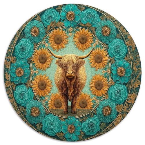 Highland Kuh,Rätsel Für Erwachsene 1000pcs (67.5x67.5cm),Herausforderungsspiele Sonneflower Mandala-Stil von kaiyun