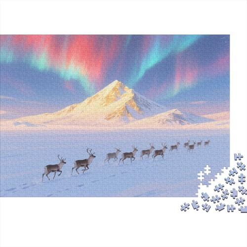Hirschherden Rätsel Für Erwachsene |Aurora, Schneebedeckte Berge| Familienspaß-Puzzles 1000pcs (75x50cm) von kaiyun