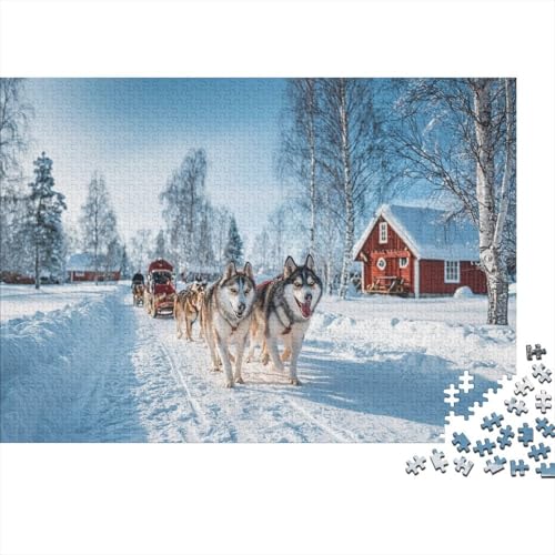 Husky zieht einen Schlitten 1000pcs (75x50cm) Puzzle, Lernspiel Impossible Finnische Winterlandschaft mit Schnee Herausforderungsspielzeug Für Erwachsene Teenager von kaiyun