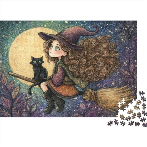 Junge Frau auf einem Besen mit Hexenhut Rätsel Für Erwachsene || Familienspaß-Puzzles 1000pcs (75x50cm) von kaiyun