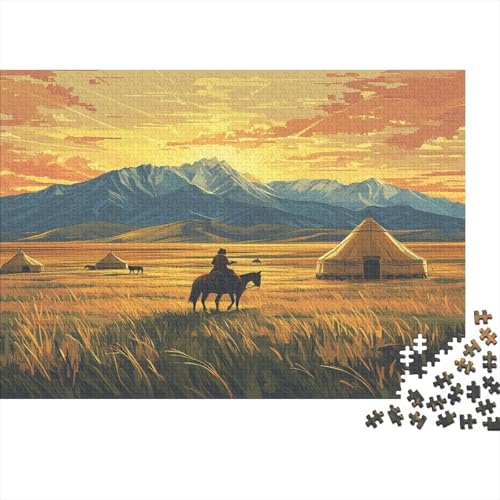 Kasachische Steppe 1000pcs (75x50cm) Puzzles, Die Für Erwachsene Und Personen Ab 14 Jahren Geeignet Sind Yurt Horse Riders Mountains at Sonnenaufgang von kaiyun