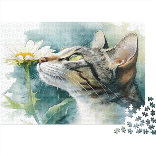 Katze and Flowers Watercolor Painting 1000pcs (75x50cm) Erwachsenenpuzzle - DIY-Puzzlespielzeug von kaiyun