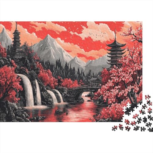 Kirschblüten, Wasserfälle, Pagoden,Rätsel Für Erwachsene 1000pcs (75x50cm),Herausforderungsspiele Japanische Landschaftsmalerei von kaiyun