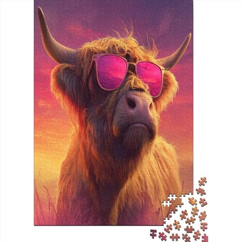 Kuh Wearing Bright Pink Sunglasses Sonnenuntergang Puzzle 1000 Teile Für Erwachsene, Lernspiele, Heimdekoration38x26cm/1000pcs von kaiyun