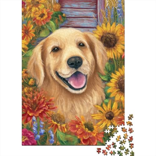 Lächelnder Golden Retriever, Illustration Einer ländlichen Landschaft Puzzle 1000 Teile, Lernspiel, Unmöglich, Anspruchsvolles Spielzeug Für Erwachsene Und Kinder Ab 14 Jahren 38x26cm/1000pcs von kaiyun