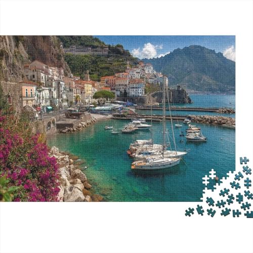 Landschaftsmalerei an der Amalfiküste,Yachten am Pier Gemusterte Nachhaltige Für Erwachsene Hochwertige Holzspielpuzzles 1000pcs (75x50cm) von kaiyun