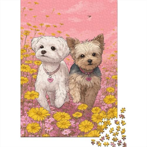 Maltese, Yorkshire Terrier - Pink Blume Field Puzzle 1000 Teile Für Erwachsene, Lernspiele, Heimdekoration38x26cm/1000pcs von kaiyun