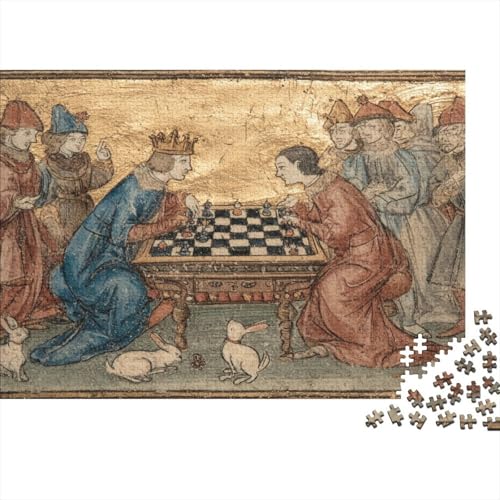 Mittelalterliche illuminierte Handschrift Rätsel Für Erwachsene |Szene mit Zwei edlen Figuren beim Schachspielen| Familienspaß-Puzzles 1000pcs (75x50cm) von kaiyun