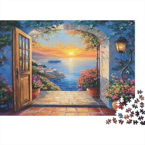 Offene Tür, Meerblick 1000pcs (75x50cm) Puzzles, Die Für Erwachsene Und Personen Ab 14 Jahren Geeignet Sind Potted Blumen and Sonnenuntergangt von kaiyun