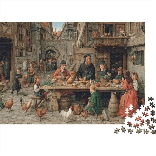 Postkartenstil des 16. Jahrhunderts: Eine große Familie im Hof ​​eines Baums-Framed House 1000pcs (75x50cm) Erwachsenenpuzzle - DIY-Puzzlespielzeug von kaiyun