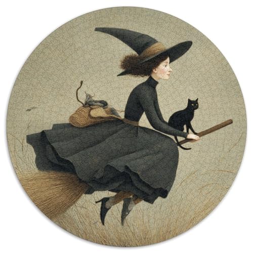 Puzzle 1000pcs (67.5x67.5cm) Erwachsene Hexe mit Hexenhut, Besen und schwarzer Katze Damen Herren Holzbrett Präzisions-Interlocking von kaiyun
